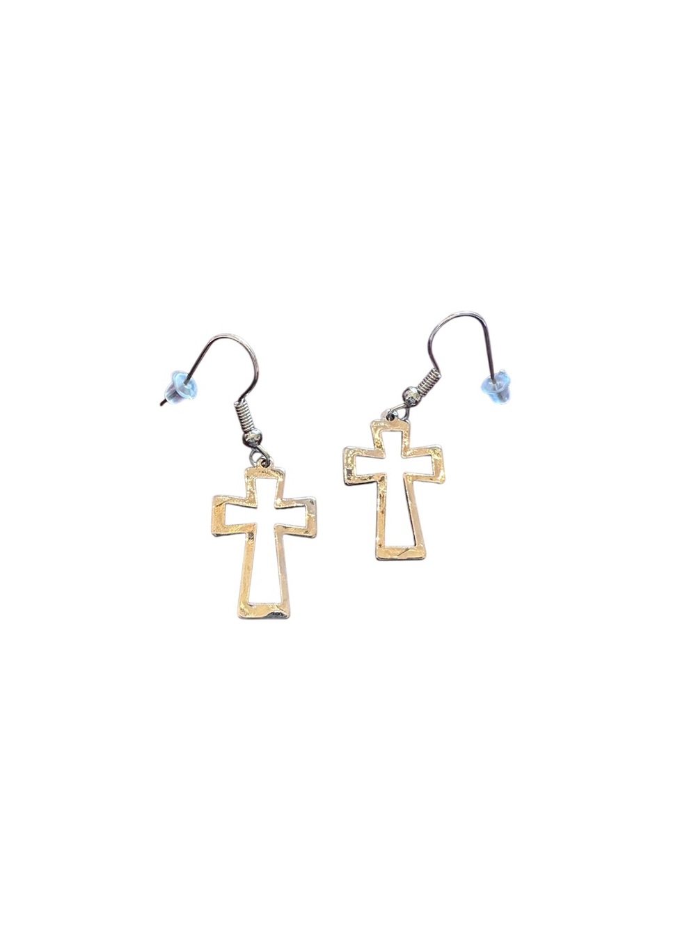 Hollow Center Hammered Metal Cross Design Silver Metal Drop Earrings